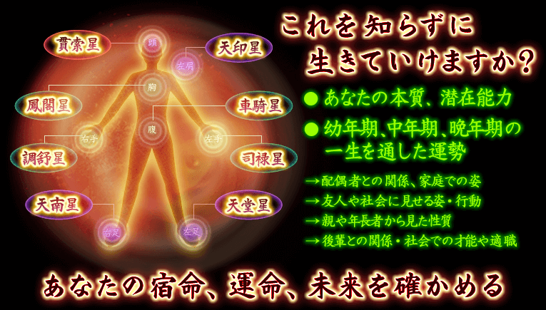 これを知らずに  生きていけますか？●あなたの本質●幼年期、中年期、晩年期の一生を通した運勢→配偶者との関係、家庭での姿→友人や社会に見せる姿・行動→親や年長者から見た性質→後輩との関係・社会での才能や適職　あなたの宿命、運命、未来を確かめる