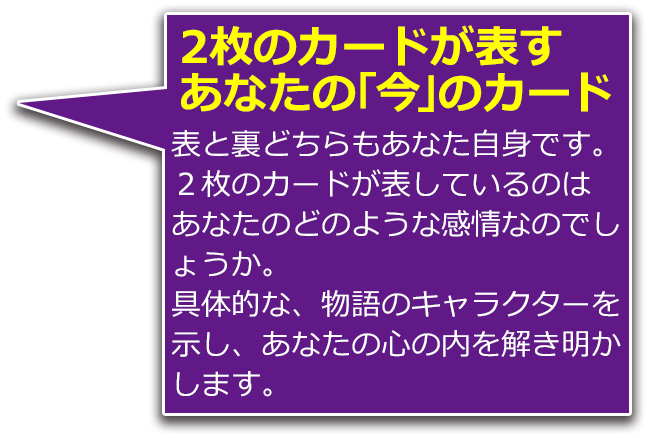 2枚のカードが表すあなたの「今」のカード 表と裏どちらもあなた自身です。2枚のカードが表しているのはあなたのどのような感情なのでしょうか。具体的な、物語のキャラクターを示し、あなたの心の内を解き明かします。