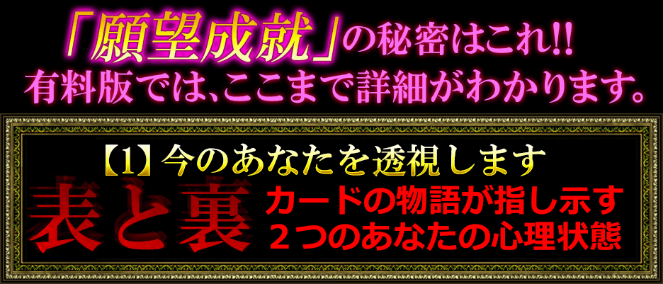 「願望成就」の秘密はこれ！！有料版では、ここまで詳細がわかります。 【1】今のあなたを透視します 表と裏 カードの物語が指し示す2つのあなたの心理状態