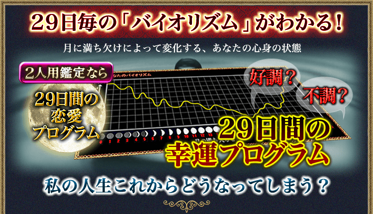 29日毎の「バイオリズム」がわかる！月に満ち欠けによって変化する、あなたの心身の状態　好調？不調？29日間の幸運プログラム　2人用鑑定なら29日間の恋愛プログラム　私の人生これからどうなってしまう？